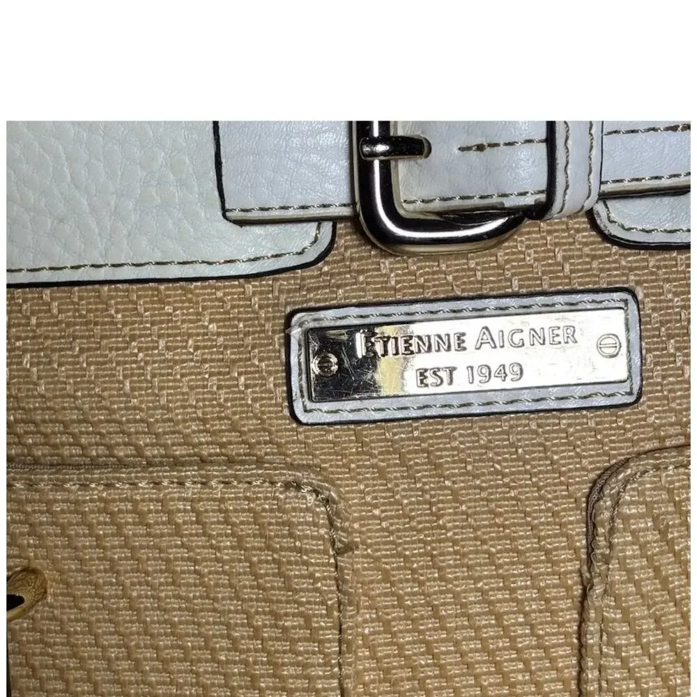 Etienne Aigner White and Tan Textile Woven Shoulder Bag